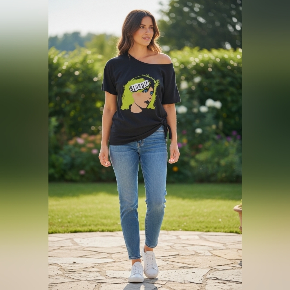 Goodie Two Sleeves Women's  Size 0 Blondie Off One Shoulder Side Tie Rock Shirt